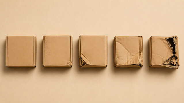 Lifecycle of cardboard delivery box corner damage on beige background with e commerce cardboard delivery shipping progression lifecycle logistics e-commerce protective