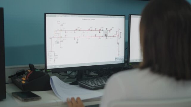 Monitor con software de control y supervisi&oacute;n industrial mostrando diagramas el&eacute;ctricos, paneles digitales, botones, indicadores, automatizaci&oacute;n, ingenier&iacute;a y monitoreo de procesos
