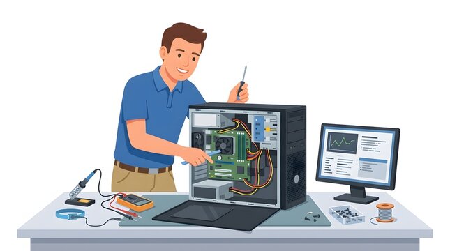 Computer Technician Repairing Hardware and Assembling Desktop PC Illustration
