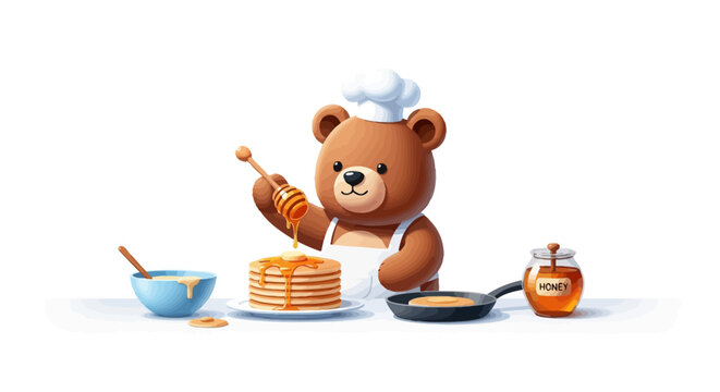 Cute bear chef making pancakes with honey, isolated food illustration