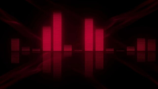 Static shot of audio equalizer bars pulsing and reflecting with red neon waveform in dark studio background, animated loop with smoky atmosphere and glossy reflection on black surface