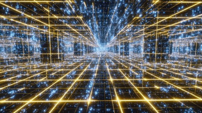Glowing geometric grid structure extends into a dark digital abyss filled with shimmering particles