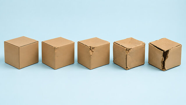 Five stage lifecycle of cardboard box corner damage progression with cardboard shipping delivery progression corrugated logistics lifecycle container commerce warehouse