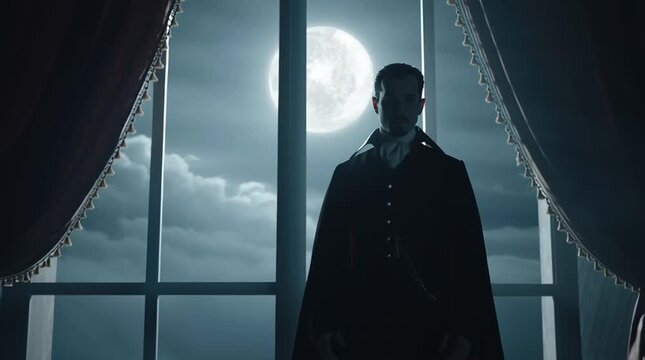 Silhouette of a person in a cape standing by a large window looking at the full moon