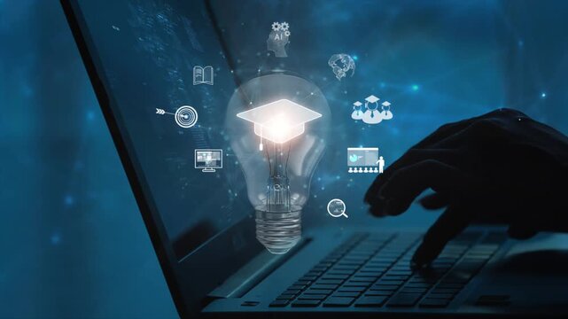E-learning technology, webinar, online education and training to develop new skills and knowledge. AI-enhanced learning with personalized courses. Remote learning on internet. Virtual screen