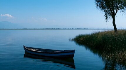 Obraz premium A small boat floats peacefully on calm water surrounded by lush green reeds and natural scenery under bright midday sunlight