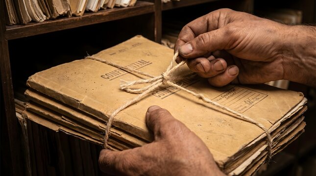 Hands tying stack of old confidential document folders