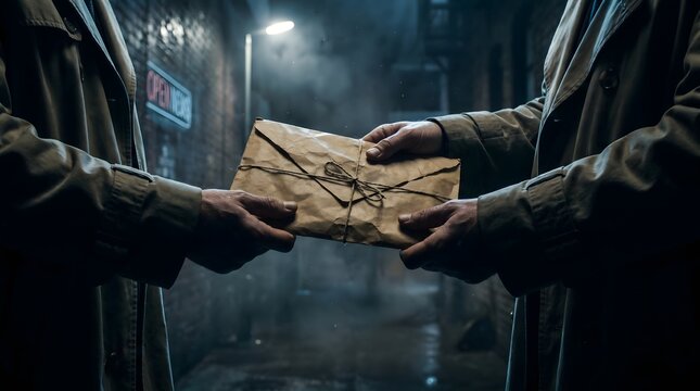 Two men exchanging secret document envelope in dark alley
