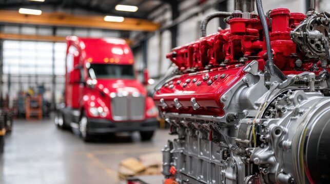 Close up of a powerful red heavy duty diesel engine in a truck repair workshop