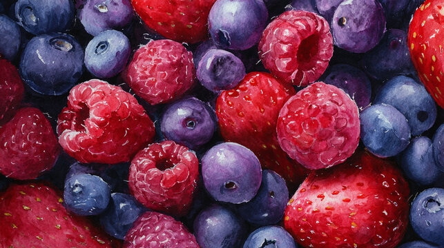 Watercolor illustration of berry dessert ingredients in full frame composition, dense overlapping blueberries, raspberries, strawberries and cream with vibrant red and purple tones.