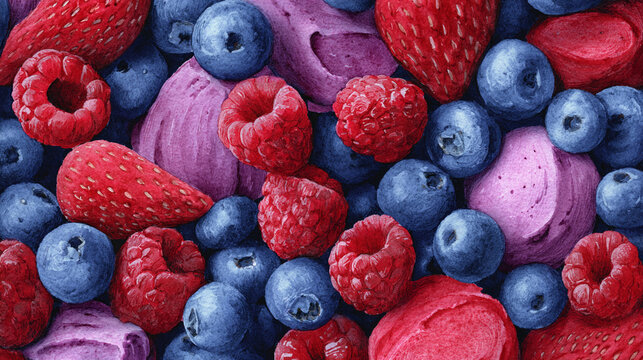 Watercolor illustration of berry dessert ingredients in full frame composition, dense overlapping blueberries, raspberries, strawberries and cream with vibrant red and purple tones.