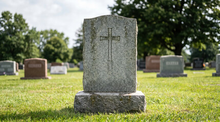 Fototapeta premium Gravestone with Flowers in Peaceful Cemetery Memorial Setting
