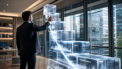 Fototapeta premium Professional businessman building financial stability with innovative holographic data cubes in a sleek modern office
