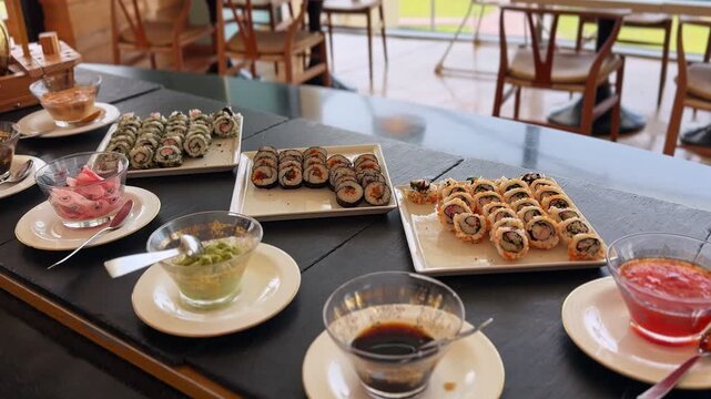 Close-up of assorted sushi rolls on square white plates with glass bowls of soy sauce, ginger, and wasabi. The fresh Japanese food is displayed on a dark buffet table in a bright modern restaurant.