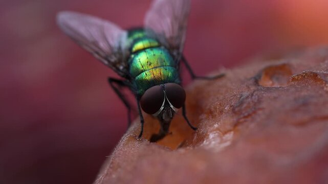 A fly foraging on a rotting peach (macro).