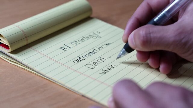 Close-up of a professional's hand using a black pen to write an AI strategy list on a yellow notepad. The handwritten notes detail workflow and data automation on a wooden office desk.
