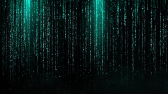 Digital matrix background with falling green binary code on dark background