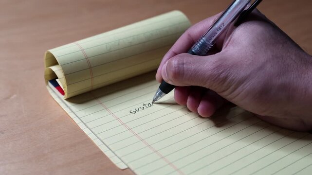 Close-up of a person's hand using a black pen to write sustainable business on a yellow legal notepad. The handwritten corporate planning notes sit on a wooden desk inside an office workspace.