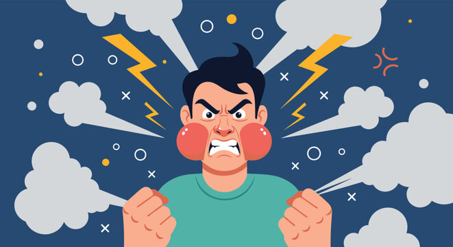 Man expresses explosive rage and extreme anger with puffy red cheeks and lightning bolts flashing against a dark stormy background.