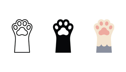 Cat paw print icons in outline silhouette and color variations representing pets and animal themes © Pure