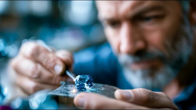 Skilled jeweler inspecting a blue gemstone with precision tool, luxury jewelry craftsmanship and gem appraisal concept