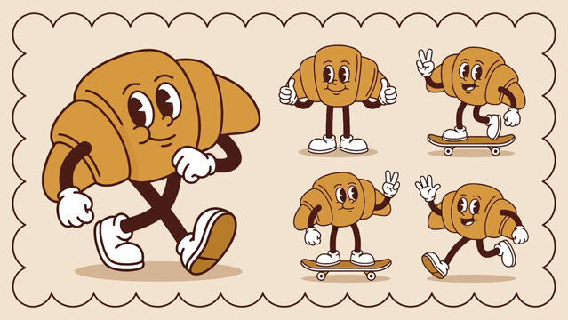 Cute cartoon croissant vector characters in various funny poses and vintage animation style