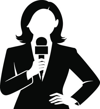 Silhouette of a female news reporter holding a microphone vector illustration