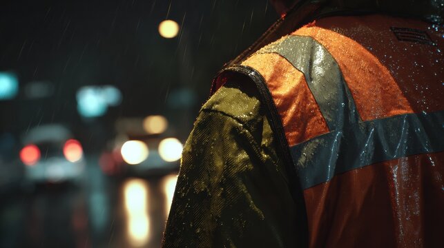 Traffic safety officer braving rainy night in urban setting safety awareness campaign dynamic environment close-up view