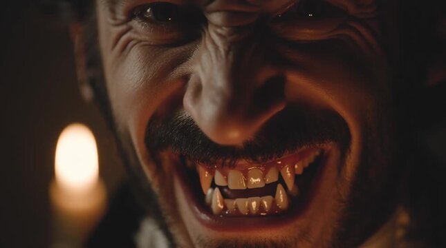 Close up of a man with vampire fangs smiling in dim light with a candle in the background