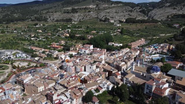 Aerial approach to the village of Ibi. Located in soutern east of Spain.