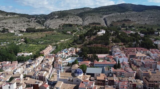 Aerial overview of the old town of Ibi, Spain.