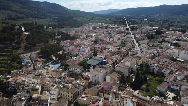 Aerial orbit revealing the town of Ibi, in southeastern Spain.