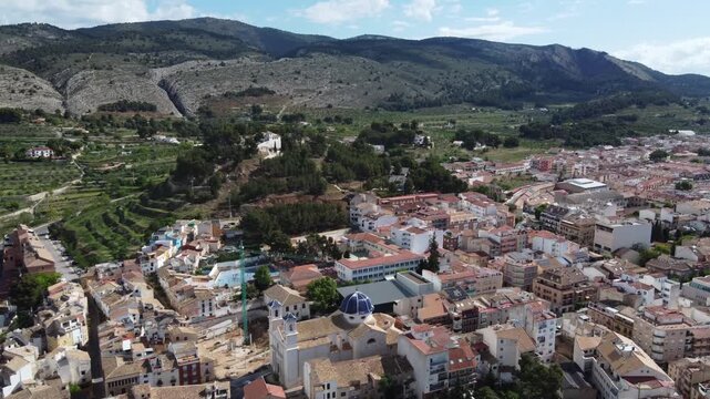 Aerial view of the old town of Ibi, Spain. With the Hermitage of Santa Ll&uacute;cia on top of the hill.