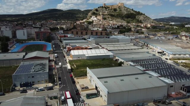 Aerial view of the Castalla industrial park with the old town and the castle in the background.