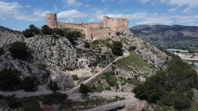 Flying towards the islamic castle of Castalla, Spain, and over the Hermitage of the Blood.
