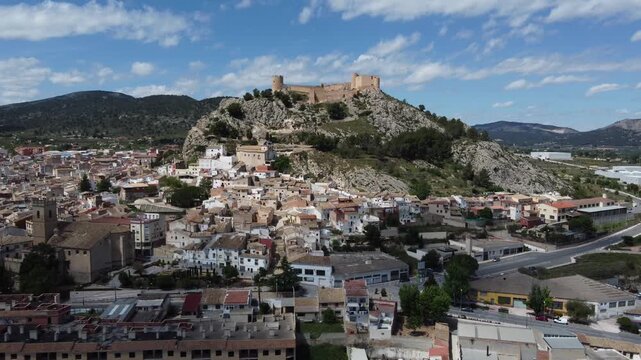 Aerial approach to the islamic castle of Castalla, Spain.