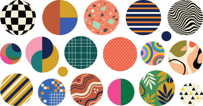 Abstract Round Geometric Pattern Set with Retro Checkered Terrazzo Striped and Floral Circular Badges for Modern Backgrounds and Graphic Design Templates
