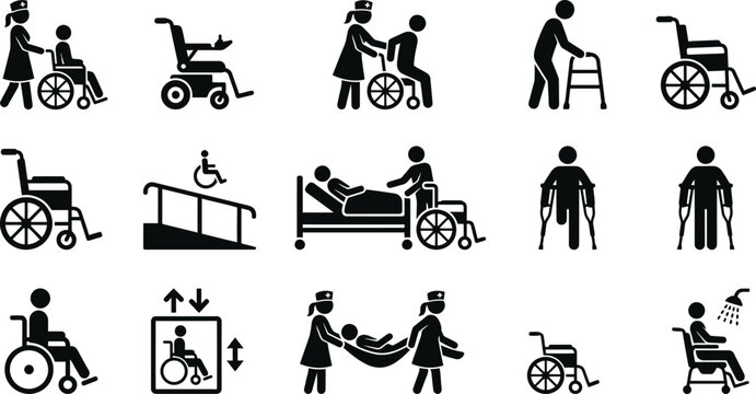 Set of black disability and healthcare icons featuring patients and medical assistance.