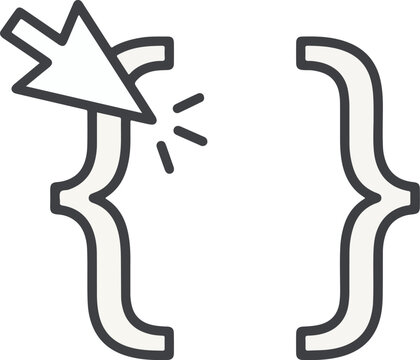 Minimalist icon of curly brackets with a computer mouse cursor.
