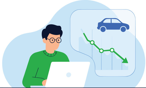 WebCar market analysis and auto sales decline banner vector illustration, man working on laptop with downward trend arrow graph isolated on white background