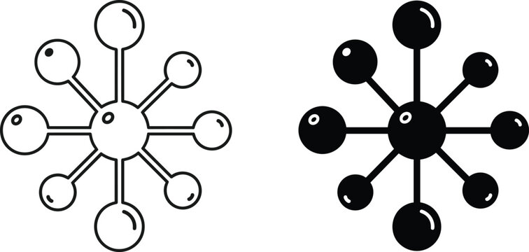 WebMolecule structure and network connection icon set, vector line art and black silhouette illustration of chemical bond atom isolated on white background