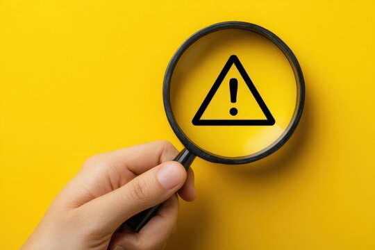 Caution warning sign under magnifying glass on yellow background