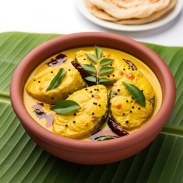 Kerala style fish curry served in a traditional clay pot on banana leaf with parotta bread.