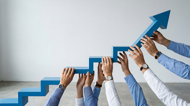 Team hands lifting a blue arrow graph upwards on steps during bright daylight symbolizing business growth