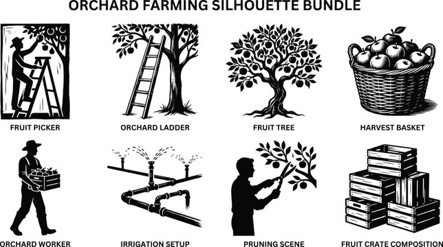 Orchard farming silhouette vector bundle featuring fruit pickers apple trees harvest baskets wooden crates and pruning scenes for agricultural crafting