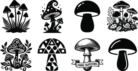 Mushroom silhouette and graphic vector bundle featuring magic fungi woodland scenes geometric patterns and vintage engraving designs for crafting © Designer Arif