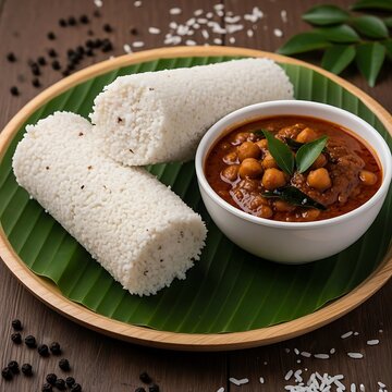 Kerala style puttu and chickpea curry served on green banana leaf over dark wooden background.