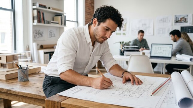 Architect drawing blueprints at desk with colleagues in modern office during daytime