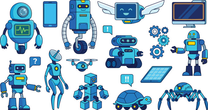 Cute Blue Robot Character Set with Futuristic Cyborgs Drone Androids and Artificial Intelligence Icons for Technology and Sci Fi Comic Designs