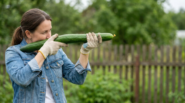 Playful Woman Pretending Cucumber Is a Rifle in Rural Field
